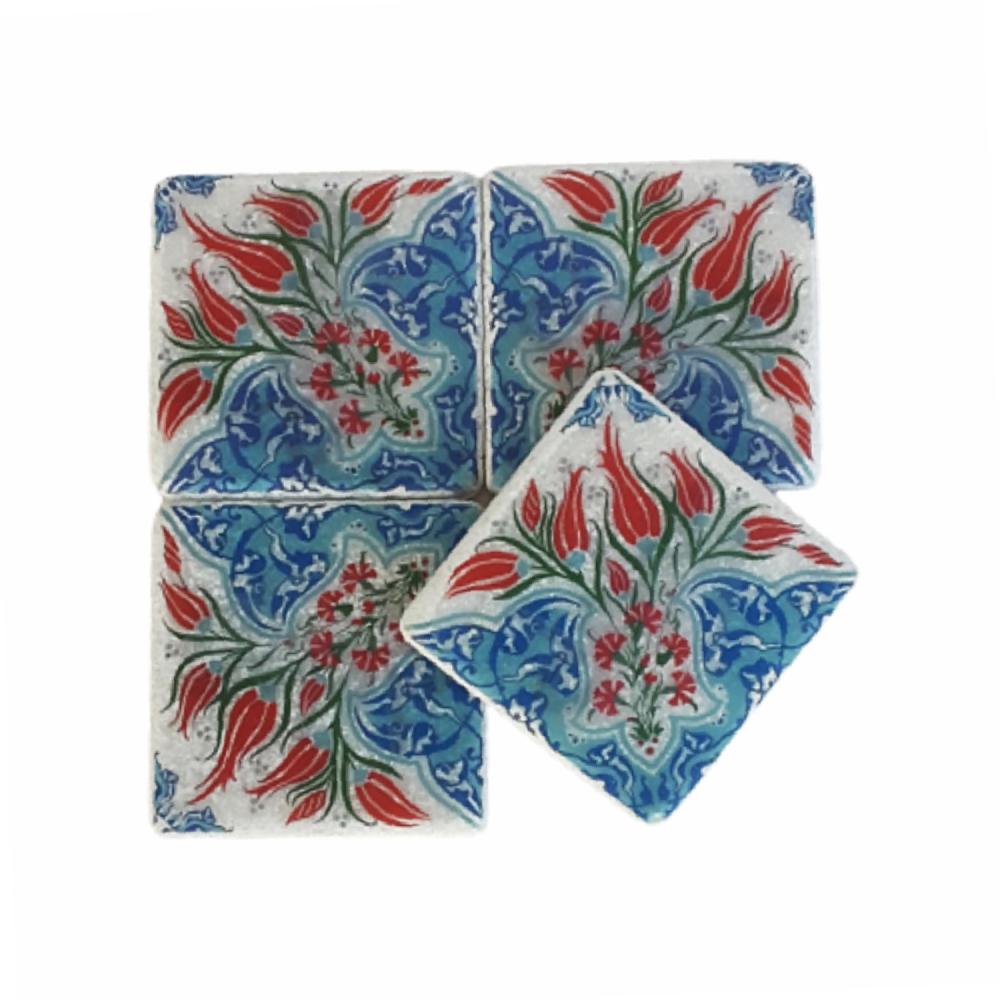 Geleneksel Lale Motifli Mermer Bardak Altlığı